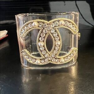 Gold and Clear Cuff Bracelet with Pearl and Crystal Accents